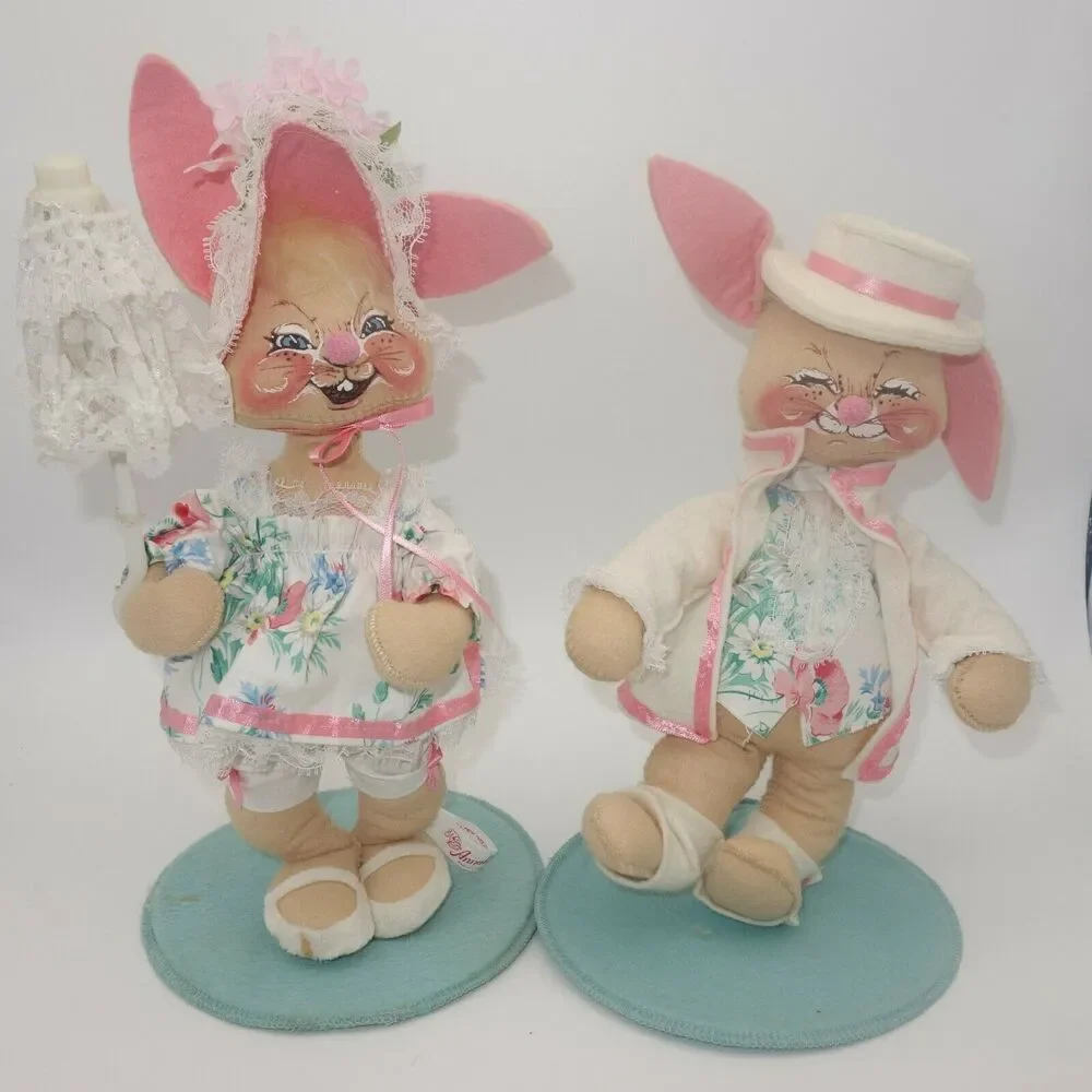 Vintage 1987 Annalee Mr. & Mrs. Easter Bunny Rabbit Pair Couple Parasol Poseable - Picture 1 of 12